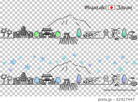 冬の宮崎県の観光地の街並みシンプル線画セット 82927447