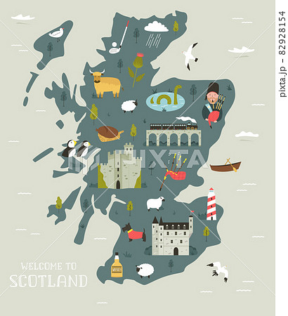 Vector illustrated map of Scotland with famous...のイラスト素材