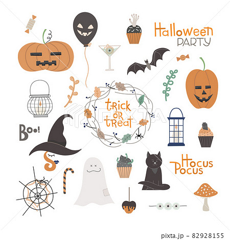 Halloween big set with kitty character, bat, sweets, various holiday symbols. Hand drawn vector elements for creative design, printable decor, card, banner. Halloween big set with kitty character, bat, sweets, various holiday symbols. Hand drawn vector elements for creative design, printable decor, card, banner. 82928155