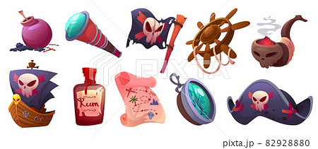 Pirate icons with ship, captain hat and flag Pirate icons with ship, captain hat and flag 82928880