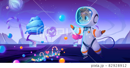 Cute child astronaut on alien planet with sweets Cute child astronaut on alien planet with sweets 82928912