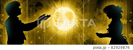 星が輝く宇宙と流れ星を手のひらですくう若い男女の影絵イラスト 星が輝く宇宙と流れ星を手のひらですくう若い男女の影絵イラスト 82929876