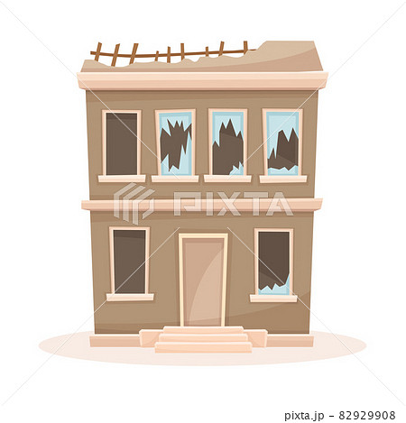 Abandoned two storey house with broken windows and roof. Facade of old two storey decaying building cartoon vector illustration 82929908