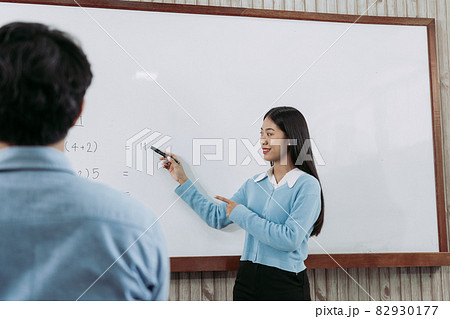 Young asian teacher teaching students at classroom. Young asian teacher teaching students at classroom. 82930177