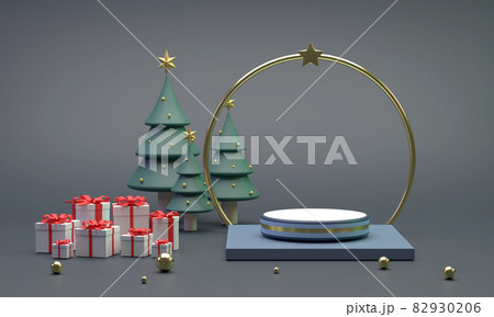 The circular podium near a ring with stars, photo frame, Christmas tree and gift box. 82930206