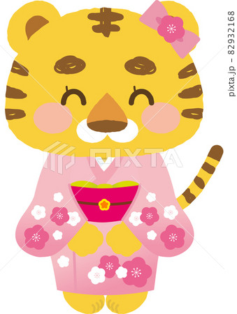 イラスト素材: 着物を着たかわいい寅シリーズ　主線なし　ニッコリ笑顔の振袖姿な女の子の立ち姿 82932168