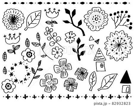 北欧系かわいい植物と家の手書きラフセットのイラスト素材 9323