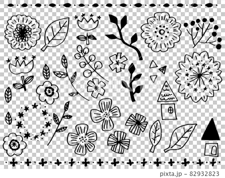 北欧系かわいい植物と家の手書きラフセットのイラスト素材 9323