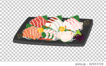 皿に乗った刺身の盛り合わせのベクターイラスト素材 82933720