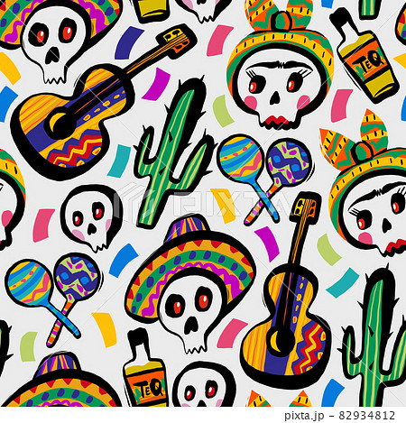 Seamless pattern on the theme of the Spanish day of the dead with skulls in hats, guitars, cactuses, tequila and confetti Seamless pattern on the theme of the Spanish day of the dead with skulls in hats, guitars, cactuses, tequila and confetti 82934812