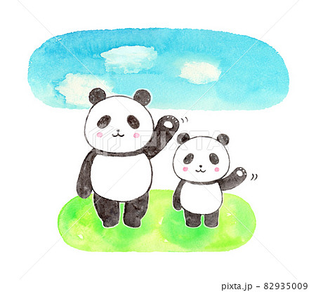 手を振るパンダの親子 背景青空 のイラスト素材