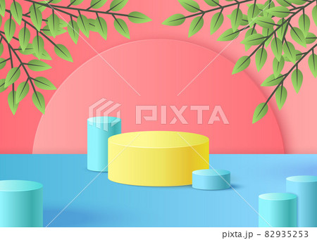 Abstract Minimal Scene with Yellow Podium Platform Stage Product and Leaves for Promotion, Marketing and Advertising. Vector illustration 82935253