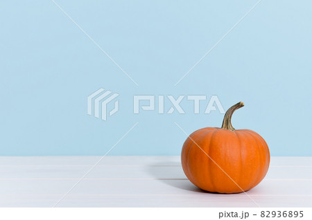 Ripe orange pumpkin on a blue background with copy space. 82936895