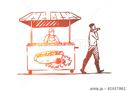 Hot dog, fast food, kiosk, street concept. Hand drawn isolated vector. 82937862