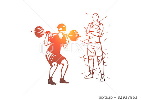 Home, gym, barbell, exercise, man, sport concept. Hand drawn isolated vector. 82937863