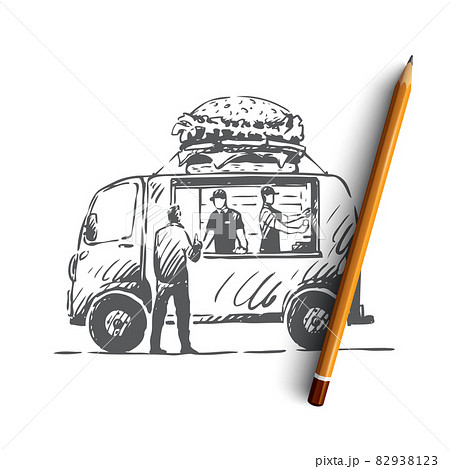 Burger, car, fast food, shop, truck concept. Hand drawn isolated vector. 82938123