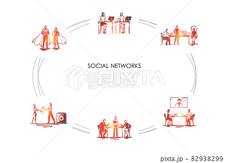 Social networks - business people in office comminicating with laptops and displays vector concept set 82938299