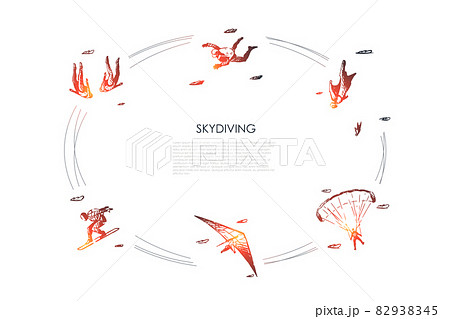 Skydiving - people in air jumping with parachute and skydiving vector concept set 82938345