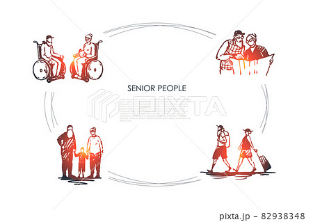 Senior people - old people sitting on wheelchairs, reading newspaper, travelling and walking with grandchildren vector concept set Senior people - old people sitting on wheelchairs, reading newspaper, travelling and walking with grandchildren vector concept set 82938348