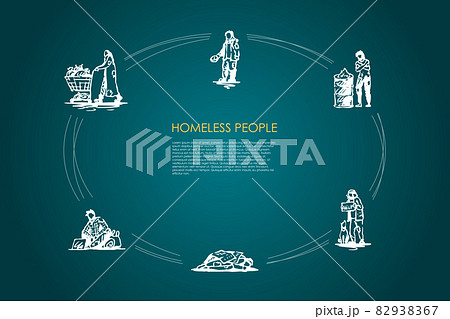 Homeless people - people begging for money and food, sleeping on street, warming up near fire, collecting garbage vector concept set 82938367
