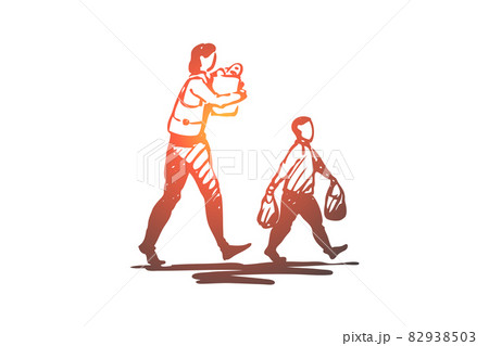 Kid, good, manners, boy, bag, mom concept. Hand drawn isolated vector. 82938503