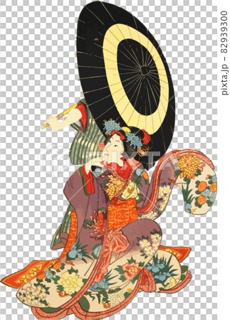 A man's back with a snake-eye umbrella and a gorgeous kimono daughter 82939300