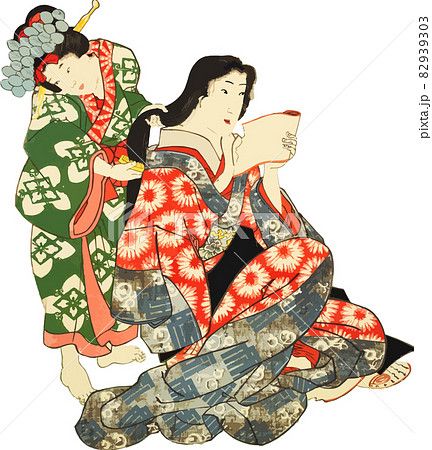 禿に髪を梳いてもらいながら営業メールを読む遊女 82939303