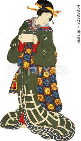 渋い柄の着物の女性 82939304