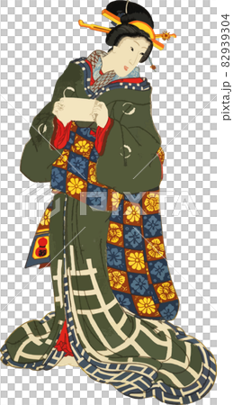 渋い柄の着物の女性 82939304