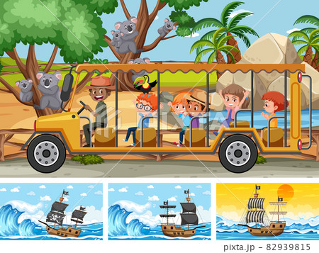 Set of different scenes with pirate ship at the sea and animals in the zoo 82939815