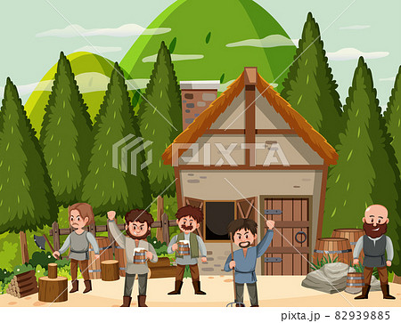 Medieval town scene with villagers Medieval town scene with villagers 82939885