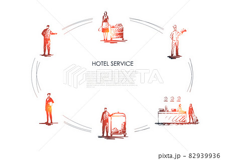 Hotel service -workers at reception, cleaning service, chef, waiter and concierge vector concept set 82939936