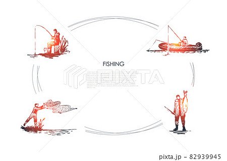 Fishing - fisherman casting net, fishing rod, catching fish, sitting on boat vector concept set Fishing - fisherman casting net, fishing rod, catching fish, sitting on boat vector concept set 82939945