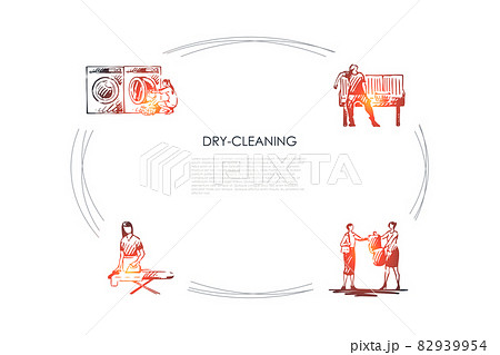 Dry-cleaning - ironing, chemical cleaning, machine washing, drying vector concept set 82939954
