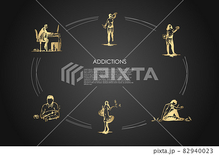 Addictions - smoking, alcoholism, drug addiction, fast food, coffee and spending money addicting vector concept set Addictions - smoking, alcoholism, drug addiction, fast food, coffee and spending money addicting vector concept set 82940023