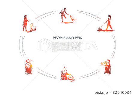 People and pets - people with their dogs, parrot, fish and lizzard vector concept set People and pets - people with their dogs, parrot, fish and lizzard vector concept set 82940034