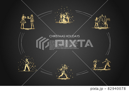 Christmas holidays - people decorating new year tree, playing with snowballs, carrying and giving presents, making snowman vector concept set Christmas holidays - people decorating new year tree, playing with snowballs, carrying and giving presents, making snowman vector concept set 82940078