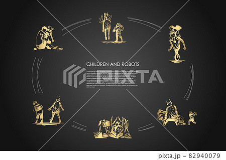 Children and robots - boys and girls making and playing with robots vector concept set 82940079