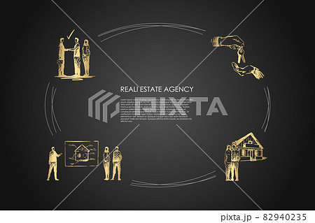 Real estate agency - presentation of new apartment, deal with new keys, happy family with new house vector concept set Real estate agency - presentation of new apartment, deal with new keys, happy family with new house vector concept set 82940235