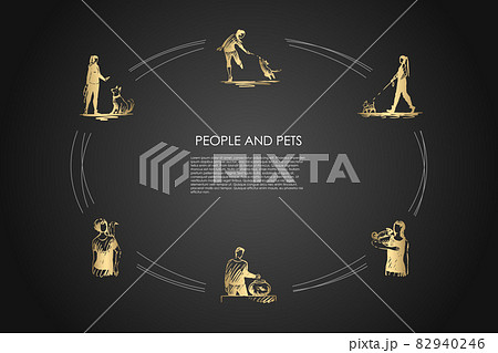 People and pets - people with their dogs, parrot, fish and lizzard vector concept set People and pets - people with their dogs, parrot, fish and lizzard vector concept set 82940246