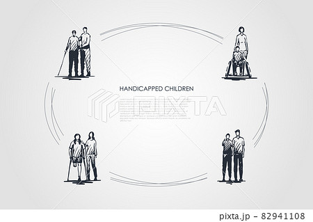 Handicapped children - blind and disabled children without leg or hand vector concept set Handicapped children - blind and disabled children without leg or hand vector concept set 82941108