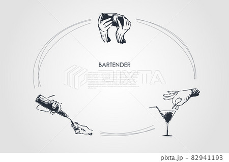 Bartender - hands of bartender shaking cocktail, putting lemon on glass, pouring drink from bottle vector concept set 82941193