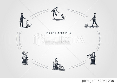 People and pets - people with their dogs, parrot, fish and lizzard vector concept set People and pets - people with their dogs, parrot, fish and lizzard vector concept set 82941230