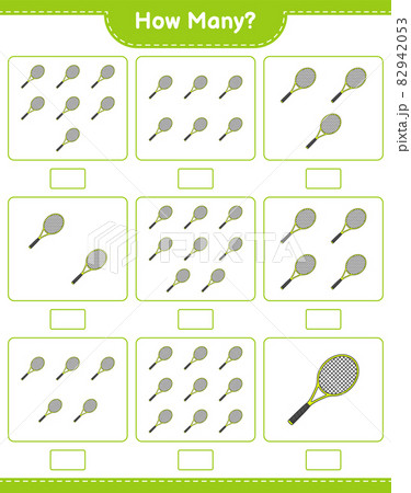 Counting game, how many Tennis Racket. Educational children game, printable worksheet, vector illustration Counting game, how many Tennis Racket. Educational children game, printable worksheet, vector illustration 82942053