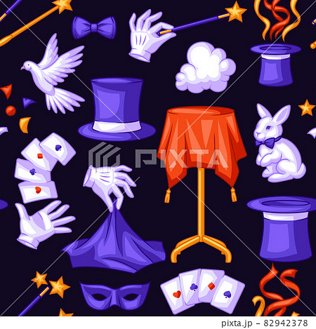 Magician seamless pattern with magic items. Illusionist show or performance background. Cartoon style illustration of tricks. 82942378
