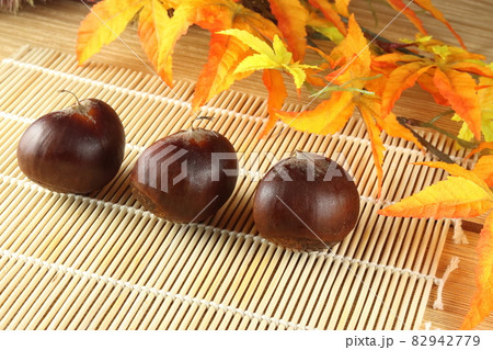 秋の旬の果物 愛媛産の利平栗3つと紅葉 秋の旬の果物 愛媛産の利平栗3つと紅葉 82942779