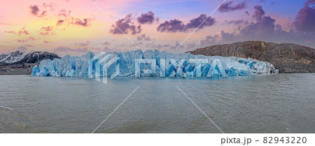 Panoramic view over Lago Grey and the edge of the Grey Glacier in Torres del Paine National Park in Patagonia 82943220