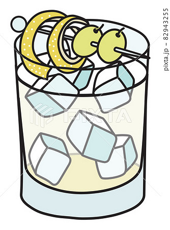 VENTO classic New Era cocktail in a typical idol mug. Grappa and Chamomile cordial based drink decorated with lemon twist and white grapes. Stylish doodle cartoon vector illustration. 82943255