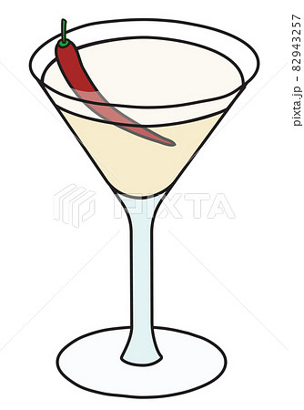 Spicy Fifty classic New Era cocktail in Martini glass. Vodka Vanilla sweet and spicy drink decorated with red chilli pepper. Stylish doodle cartoon vector illustration. Good for cards, posters, menu 82943257