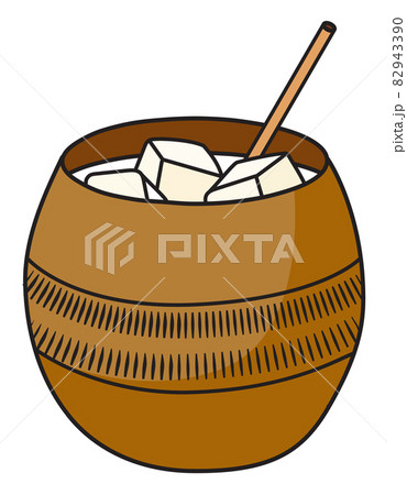 Canchanchara classic New Era cocktail in specific clay mug. National Cuban Aguardiente based drink served on the rocks. Stylish hand-drawn doodle cartoon vector illustration. Good for cards, posters 82943390